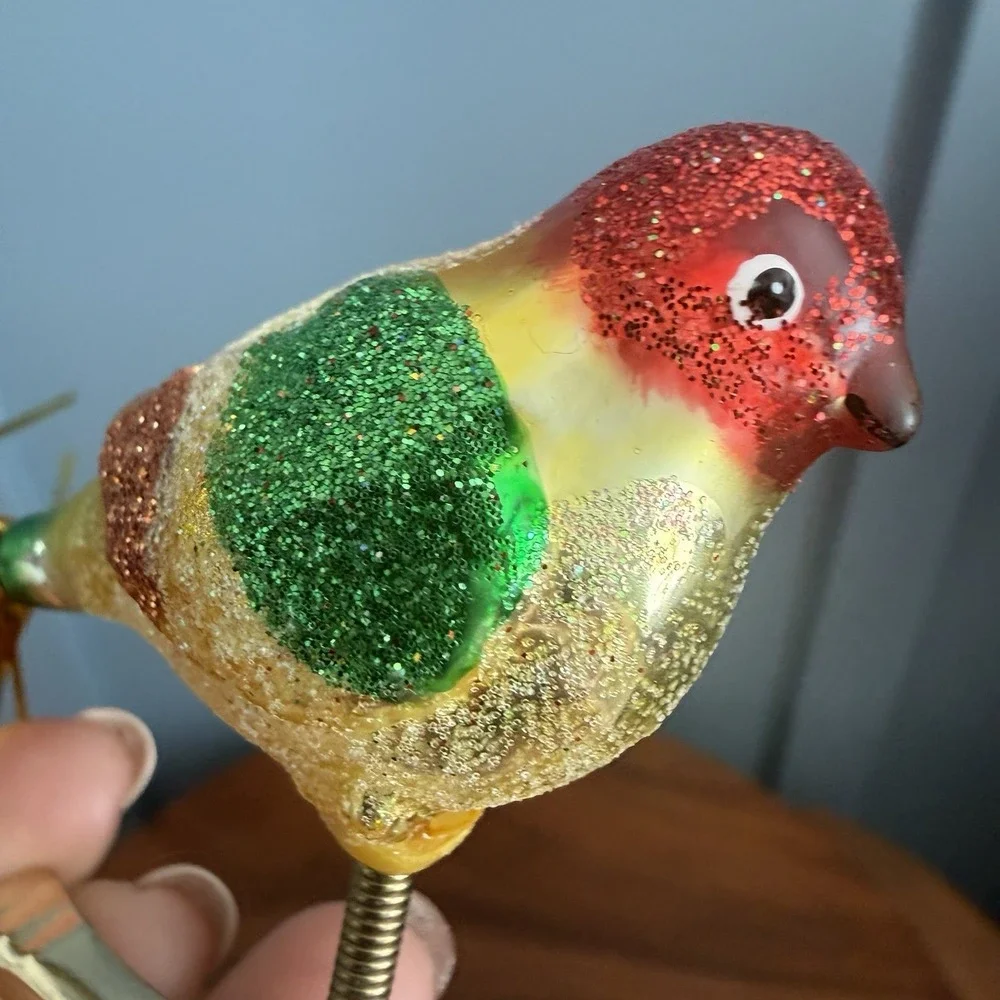 Vintage Glass Clip On Bird Ornaments 2 Cardinal Tinsel Tail Glitter German F/W